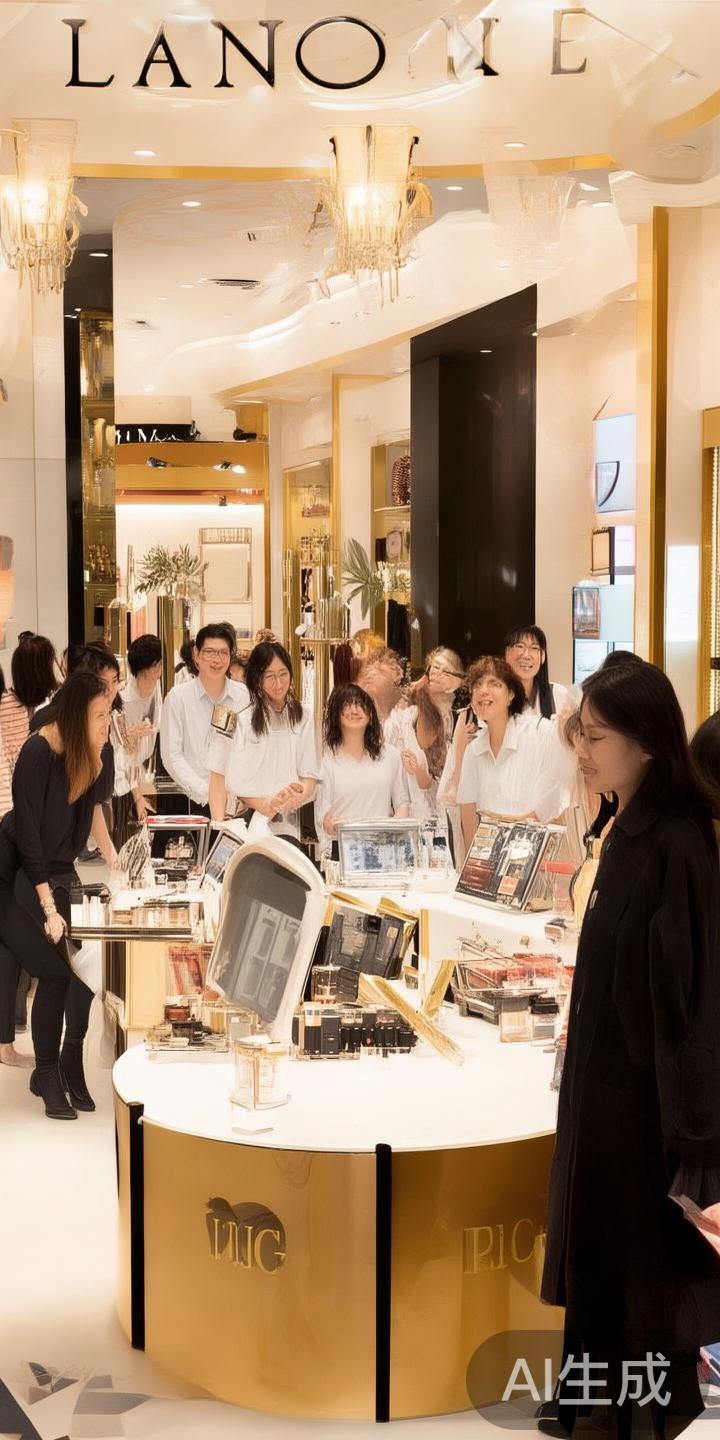 在金沙般的灯光和豪华的环境中，兰蔻专柜的工作人员热
